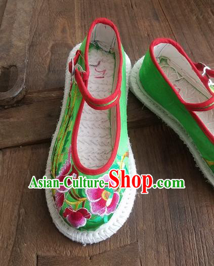 Traditional Chinese Ethnic Embroidered Flower Green Satin Shoes National Shoes Hanfu Shoes for Women