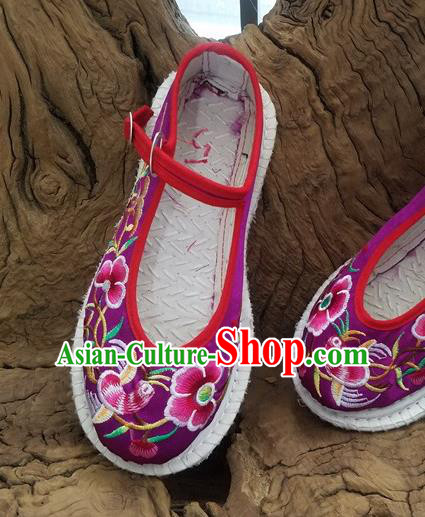 Traditional Chinese Ethnic Embroidered Flower Purple Satin Shoes National Shoes Hanfu Shoes for Women