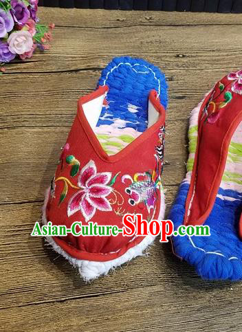 Traditional Chinese Embroidered Flowers Red Satin Slippers Handmade Ethnic National Shoes Hanfu Shoes for Women