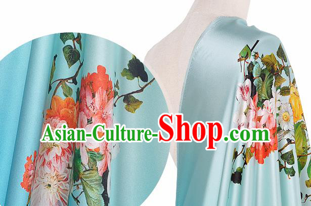 Chinese Classical Flowers Pattern Design Light Blue Silk Fabric Asian Traditional Hanfu Mulberry Silk Material