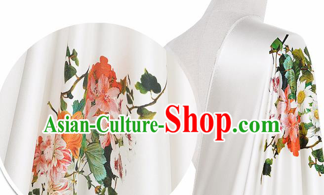 Chinese Classical Flowers Pattern Design White Silk Fabric Asian Traditional Hanfu Mulberry Silk Material