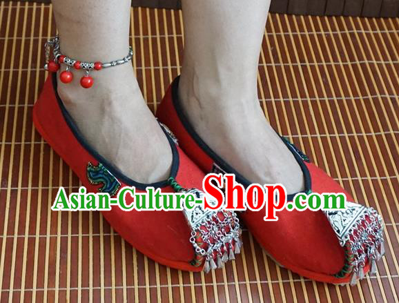 Traditional Chinese Handmade Ethnic Silver Tassel Red Shoes Yunnan National Shoes Embroidered Shoes for Women