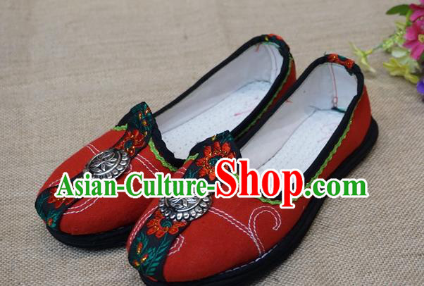 Traditional Chinese Ethnic Female Red Shoes Handmade Yunnan National Shoes Hanfu Shoes for Women