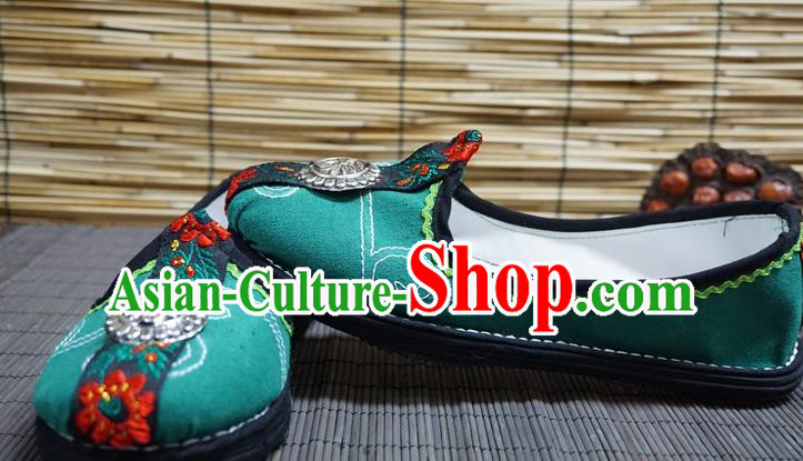 Traditional Chinese Ethnic Female Green Shoes Handmade Yunnan National Shoes Hanfu Shoes for Women