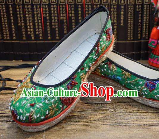 Traditional Chinese Ethnic Green Embroidered Beads Shoes Handmade Yunnan National Shoes Wedding Shoes for Women