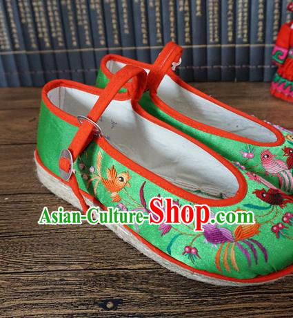 Traditional Chinese Ethnic Embroidered Magpie Green Shoes Handmade Yunnan National Shoes Wedding Shoes for Women