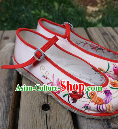 Traditional Chinese Ethnic Embroidered Magpie Light Pink Shoes Handmade Yunnan National Shoes Wedding Shoes for Women