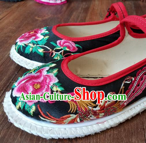 Traditional Chinese National Embroidered Phoenix Peony Black Shoes Ethnic Shoes Hanfu Shoes for Women