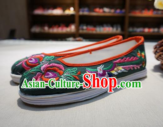 Traditional Chinese Ethnic Embroidered Phoenix Green Shoes Handmade Yunnan National Shoes Wedding Shoes for Women