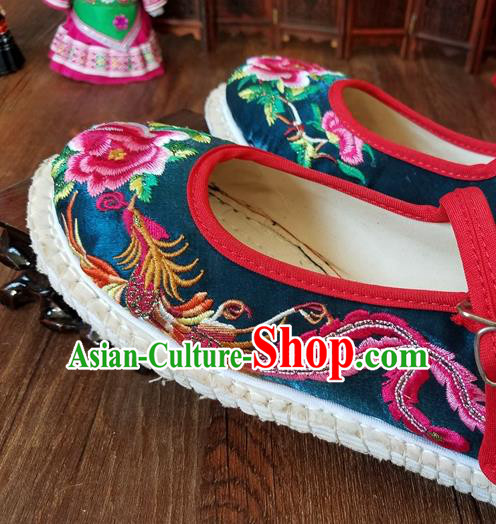 Traditional Chinese National Embroidered Phoenix Peony Peacock Blue Shoes Ethnic Shoes Hanfu Shoes for Women