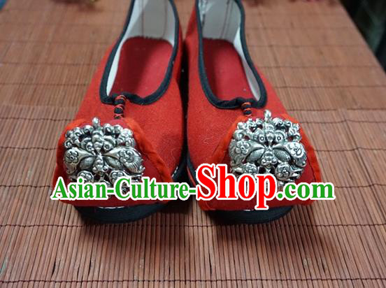 Traditional Chinese Handmade Ethnic Miao Silver Butterfly Red Shoes Yunnan National Shoes Wedding Shoes for Women