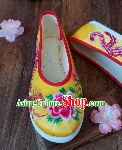 Traditional Chinese Wedding Embroidered Phoenix Peony Yellow Shoes National Ethnic Shoes Hanfu Shoes for Women