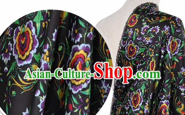 Chinese Classical Phoenix Flowers Pattern Design Black Silk Fabric Asian Traditional Hanfu Mulberry Silk Material