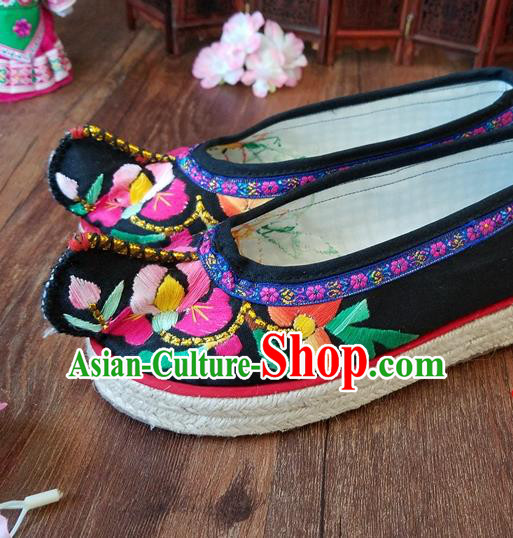 Traditional Chinese Embroidered Black Wedge Shoes National Ethnic Shoes Hanfu Shoes for Women