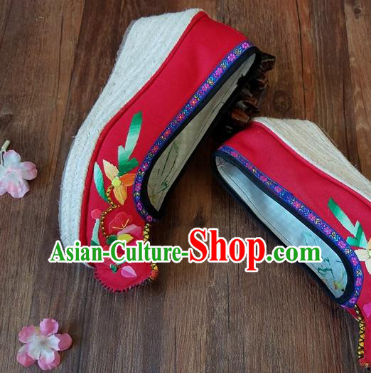 Traditional Chinese Embroidered Red Wedge Shoes National Ethnic Shoes Hanfu Shoes for Women