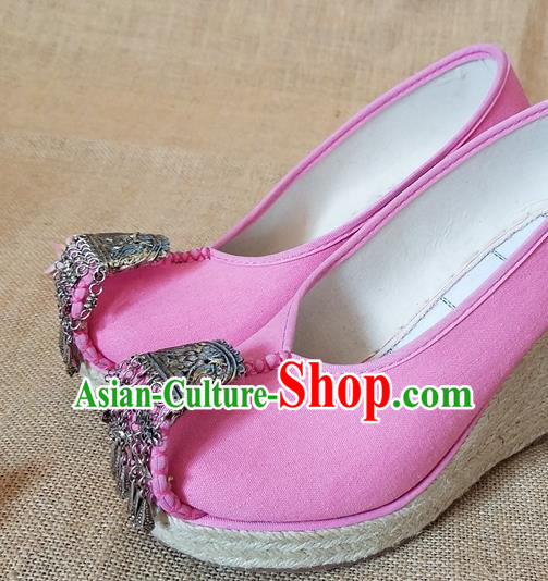 Traditional Chinese Handmade Ethnic Bride Pink Shoes Yunnan National Silver Tassel Shoes Wedding Shoes for Women