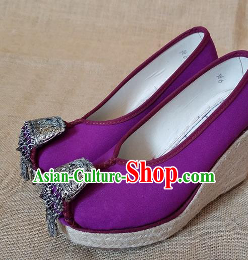 Traditional Chinese Handmade Ethnic Bride Purple Shoes Yunnan National Silver Tassel Shoes Wedding Shoes for Women