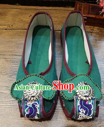 Traditional Chinese Ethnic Silver Green Shoes Embroidered Shoes Yunnan National Wedding Shoes for Women