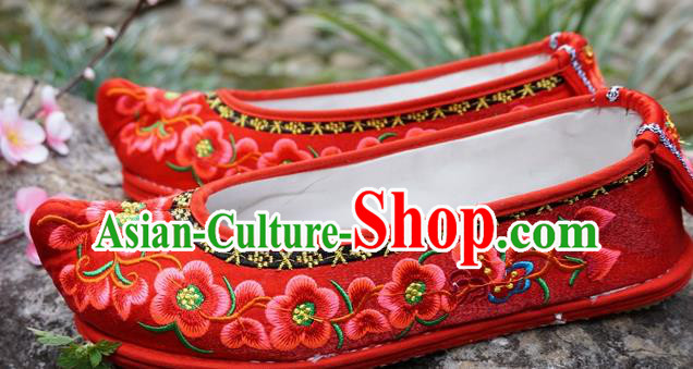 Traditional Chinese Wedding Embroidered Plum Red Shoes National Ethnic Shoes Hanfu Shoes for Women