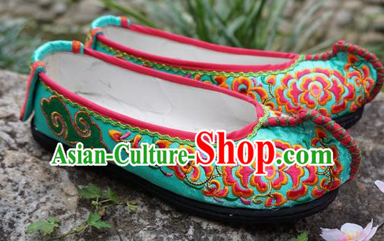 Traditional Chinese Embroidered Peony Green Shoes National Ethnic Wedding Shoes Hanfu Shoes for Women
