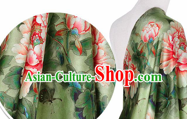 Chinese Classical Peony Pattern Design Light Green Silk Fabric Asian Traditional Hanfu Mulberry Silk Material