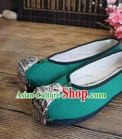 Traditional Chinese Handmade Silver Green Cloth Shoes Yunnan National Shoes Embroidered Shoes for Women