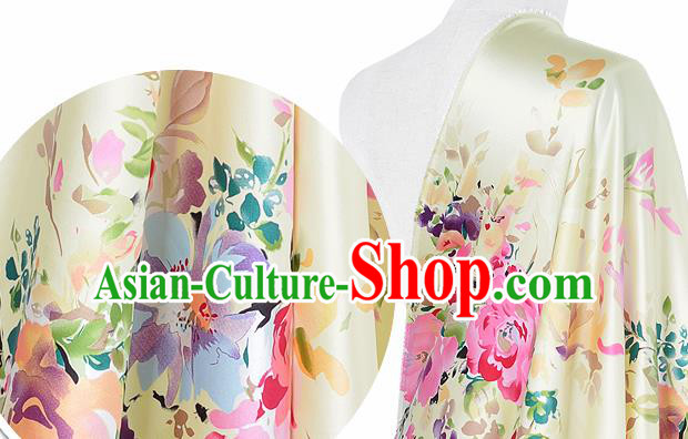 Chinese Classical Flowers Pattern Design Light Yellow Silk Fabric Asian Traditional Hanfu Mulberry Silk Material