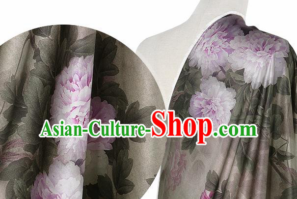 Chinese Classical Peony Flowers Pattern Design Grey Silk Fabric Asian Traditional Hanfu Mulberry Silk Material