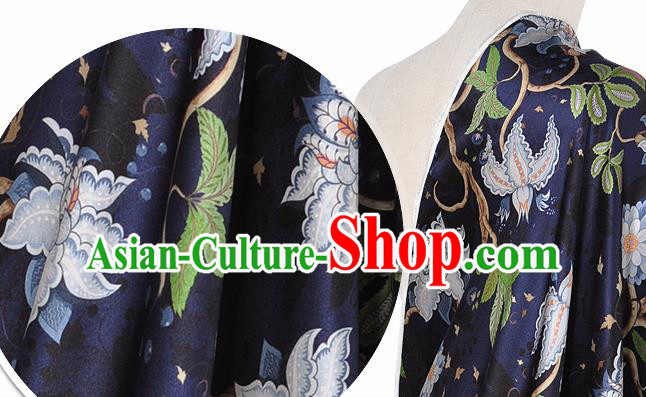 Chinese Classical Equinox Flower Pattern Design Navy Silk Fabric Asian Traditional Hanfu Mulberry Silk Material