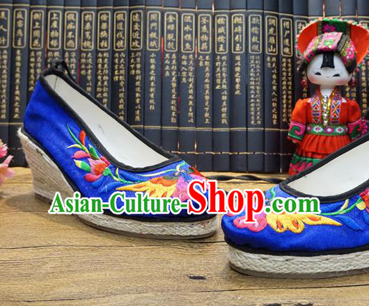 Traditional Chinese Embroidered Butterfly Blue Wedge Shoes National Wedding Shoes Hanfu Shoes for Women