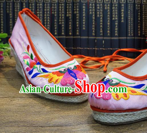 Traditional Chinese Embroidered Butterfly Pink Wedge Shoes National Wedding Shoes Hanfu Shoes for Women