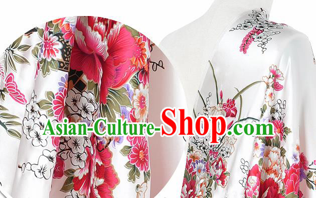 Chinese Classical Orchid Peony Pattern Design White Silk Fabric Asian Traditional Hanfu Mulberry Silk Material