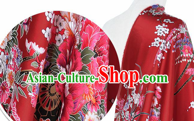 Chinese Classical Orchid Peony Pattern Design Red Silk Fabric Asian Traditional Hanfu Mulberry Silk Material