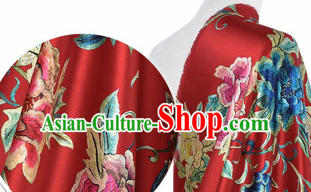 Chinese Classical Peony Pattern Design Red Silk Fabric Asian Traditional Hanfu Mulberry Silk Material