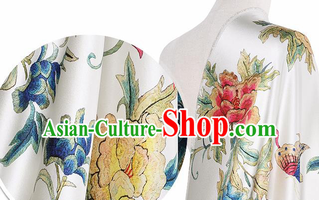 Chinese Classical Peony Pattern Design White Silk Fabric Asian Traditional Hanfu Mulberry Silk Material