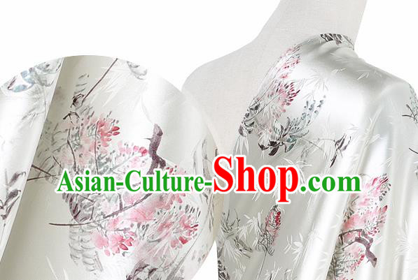 Chinese Classical Bamboo Leaf Pattern Design White Silk Fabric Asian Traditional Hanfu Mulberry Silk Material