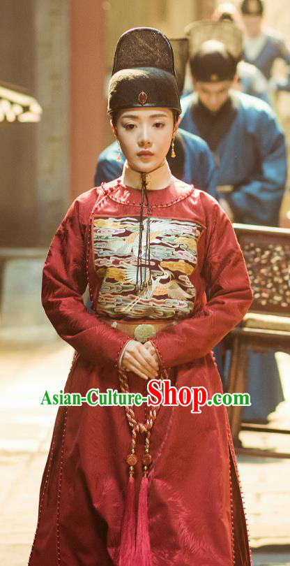 Chinese Drama Ming Dynasty Ancient Court Female Official Hu Shanxiang Replica Costumes and Headpiece Complete Set