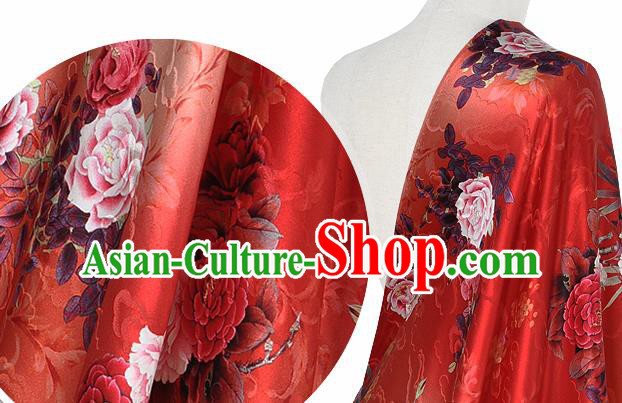 Chinese Classical Cloud Peony Pattern Design Red Silk Fabric Asian Traditional Hanfu Mulberry Silk Material