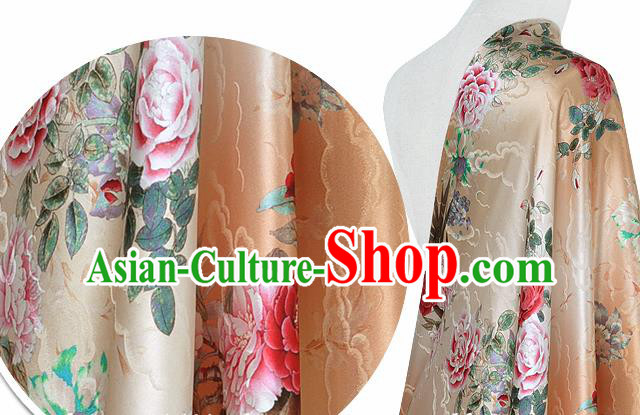 Chinese Classical Cloud Peony Pattern Design Beige Silk Fabric Asian Traditional Hanfu Mulberry Silk Material