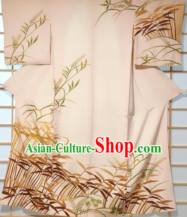 Japanese Traditional Printing Bamboo Leaf Beige Kimono Japan Yukata Dress Costume for Women