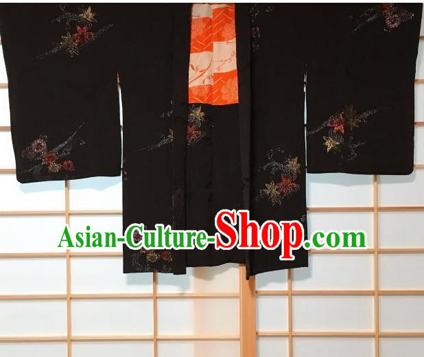 Japanese Traditional Embroidered Maple Leaf Pattern Black Haori Jacket Japan Kimono Overwear Costume for Men