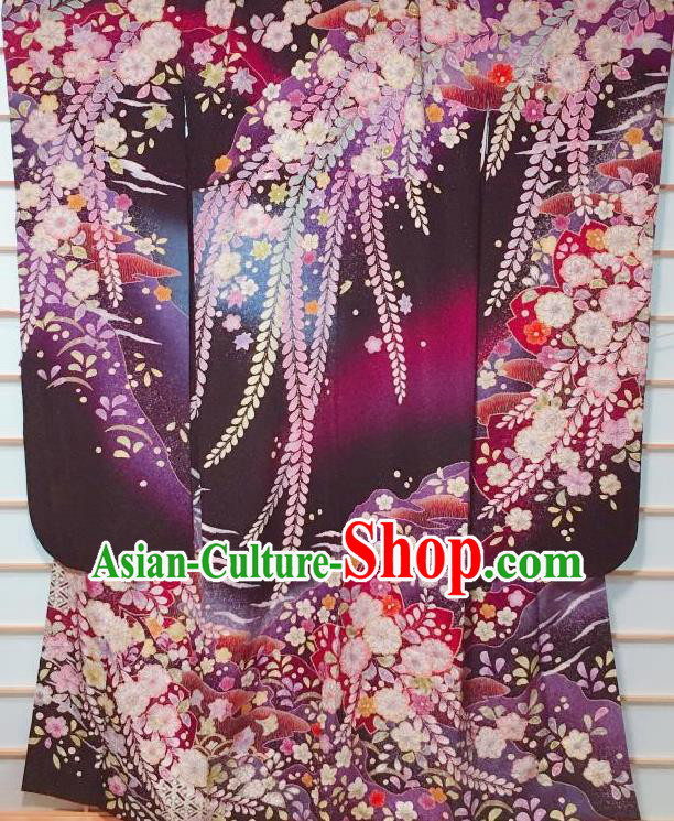 Japanese Traditional Printing Sakura Purple Furisode Kimono Japan Iromuji Yukata Dress Costume for Women