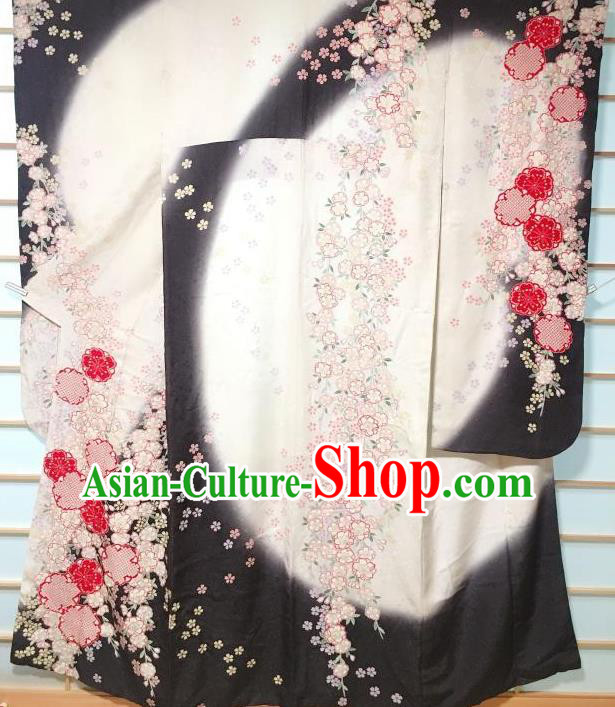 Japanese Traditional Printing Sakura White Furisode Kimono Japan Iromuji Yukata Dress Costume for Women