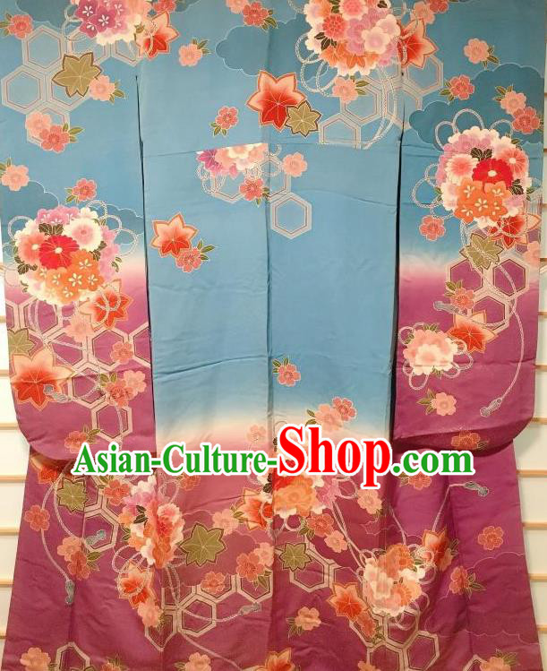 Japanese Traditional Printing Chrysanthemum Blue Furisode Kimono Japan Yukata Dress Costume for Women