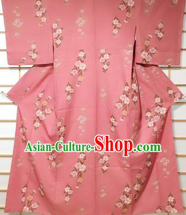 Japanese Traditional Printing Nadeshiko Flowers Pink Furisode Kimono Japan Yukata Dress Costume for Women