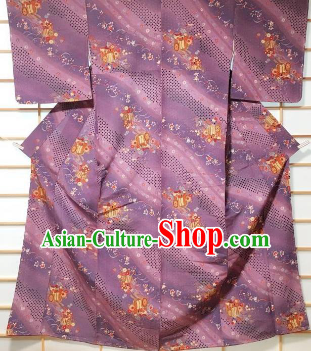 Japanese Traditional Printing Purple Furisode Kimono Japan Yukata Dress Costume for Women