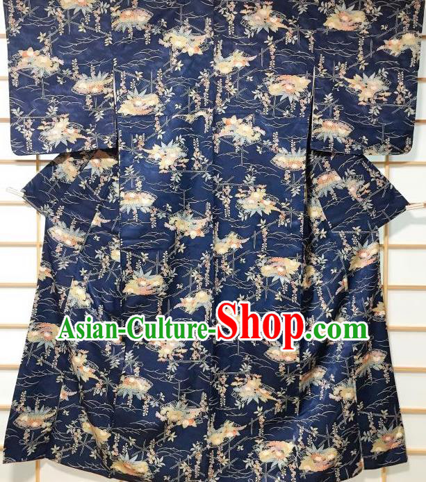 Japanese Traditional Printing Chrysanthemum Bamboo Navy Furisode Kimono Japan Yukata Dress Costume for Women