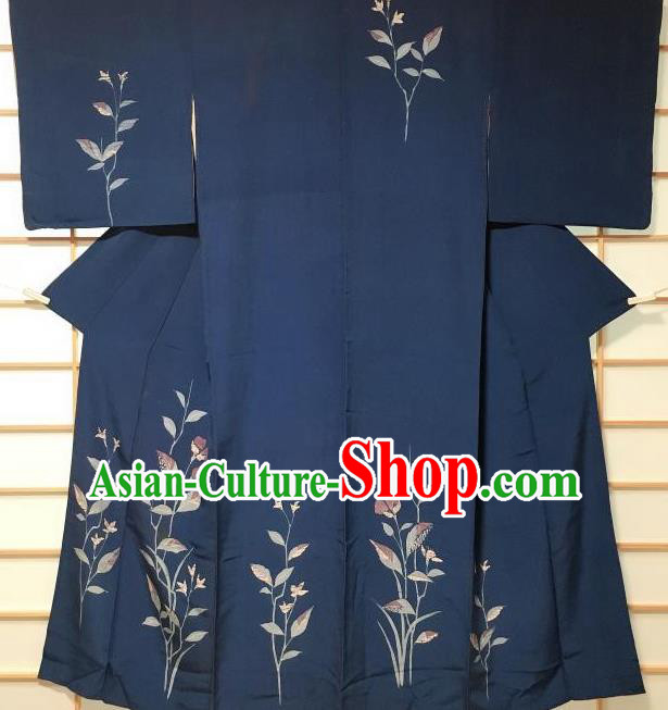 Japanese Traditional Printing Navy Furisode Kimono Japan Yukata Dress Costume for Women