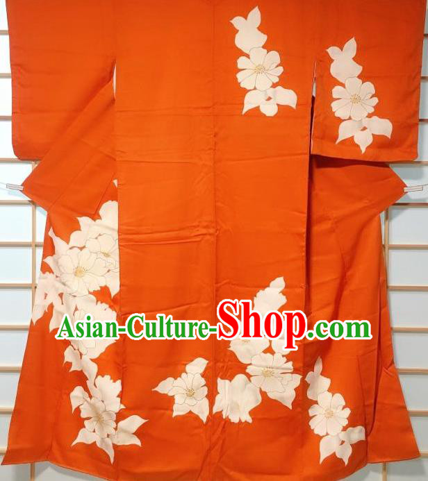 Japanese Traditional Printing Camellia Orange Furisode Kimono Japan Iromuji Yukata Dress Costume for Women