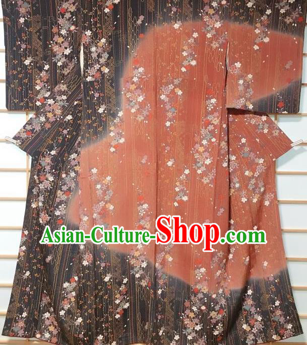 Japanese Traditional Printing Sakura Maroon Furisode Kimono Japan Iromuji Yukata Dress Costume for Women